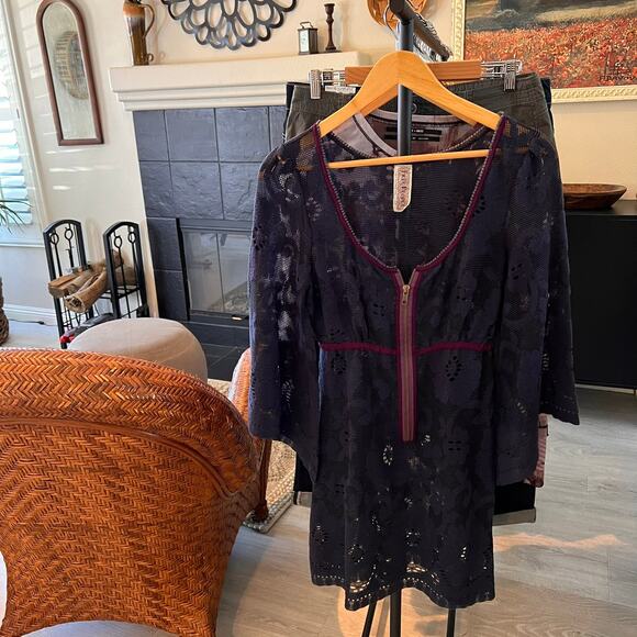 Free People Dress Womens Size SP Blue & Purple Mesh Sheer Lace Cover Up Beach - Picture 15 of 15
